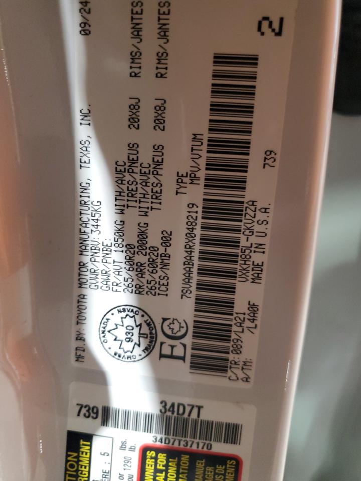 2024 Toyota Sequoia Sr5 VIN: 7SVAAABA4RX048219 Lot: 61627595