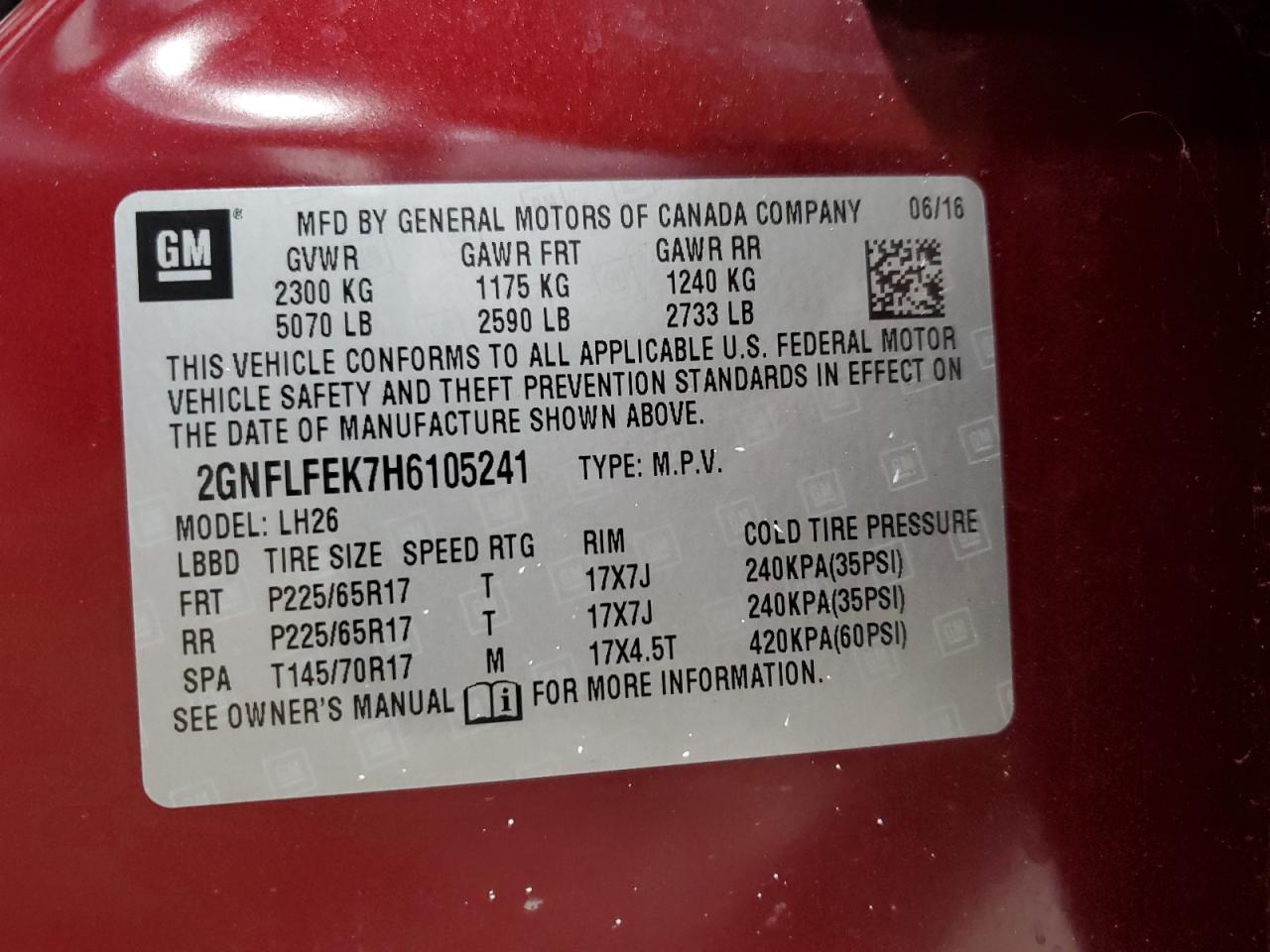 2017 Chevrolet Equinox Lt VIN: 2GNFLFEK7H6105241 Lot: 60436585