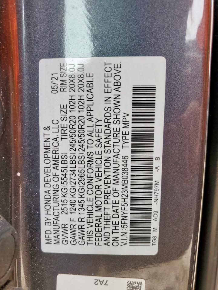 2021 Honda Pilot Se VIN: 5FNYF5H23MB038446 Lot: 63108915