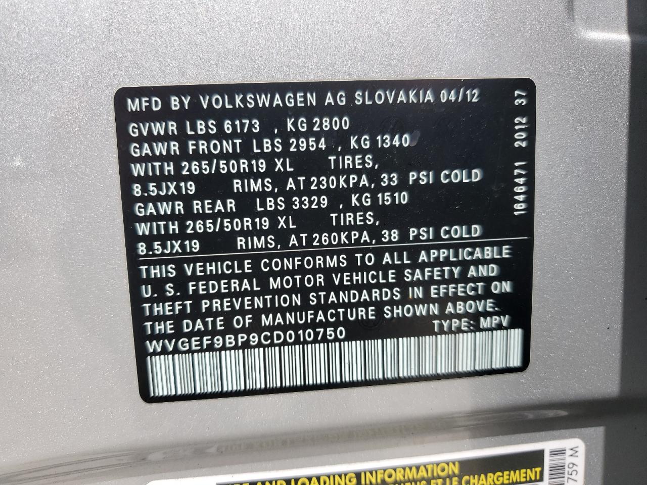 2012 Volkswagen Touareg V6 VIN: WVGEF9BP9CD010750 Lot: 61613135