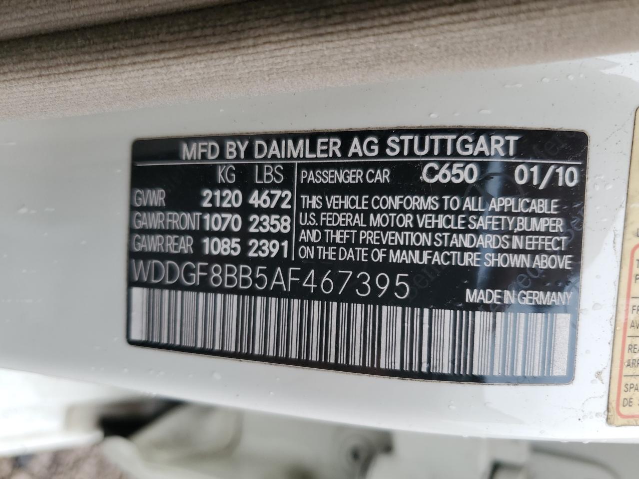 2010 Mercedes-Benz C 300 4Matic VIN: WDDGF8BB5AF467395 Lot: 62319805