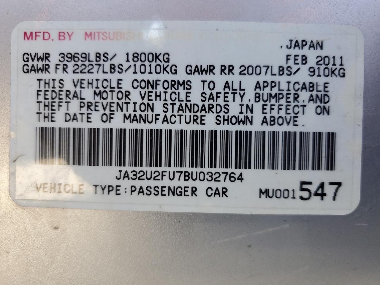 2011 Mitsubishi Lancer Es/Es Sport VIN: JA32U2FU7BU032764 Lot: 62337645