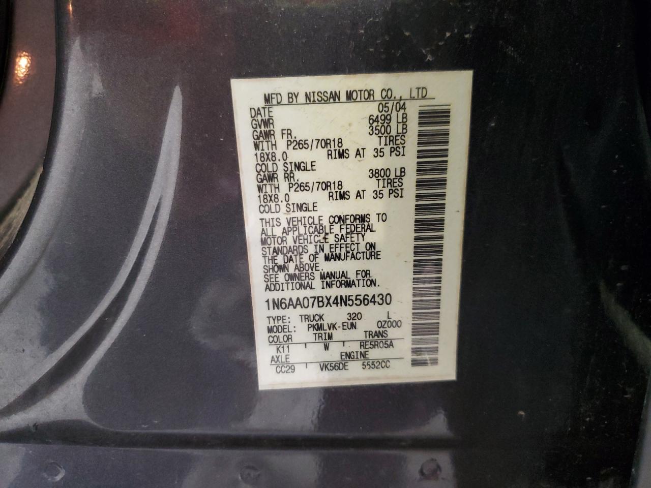 2004 Nissan Titan Xe VIN: 1N6AA07BX4N556430 Lot: 61120275