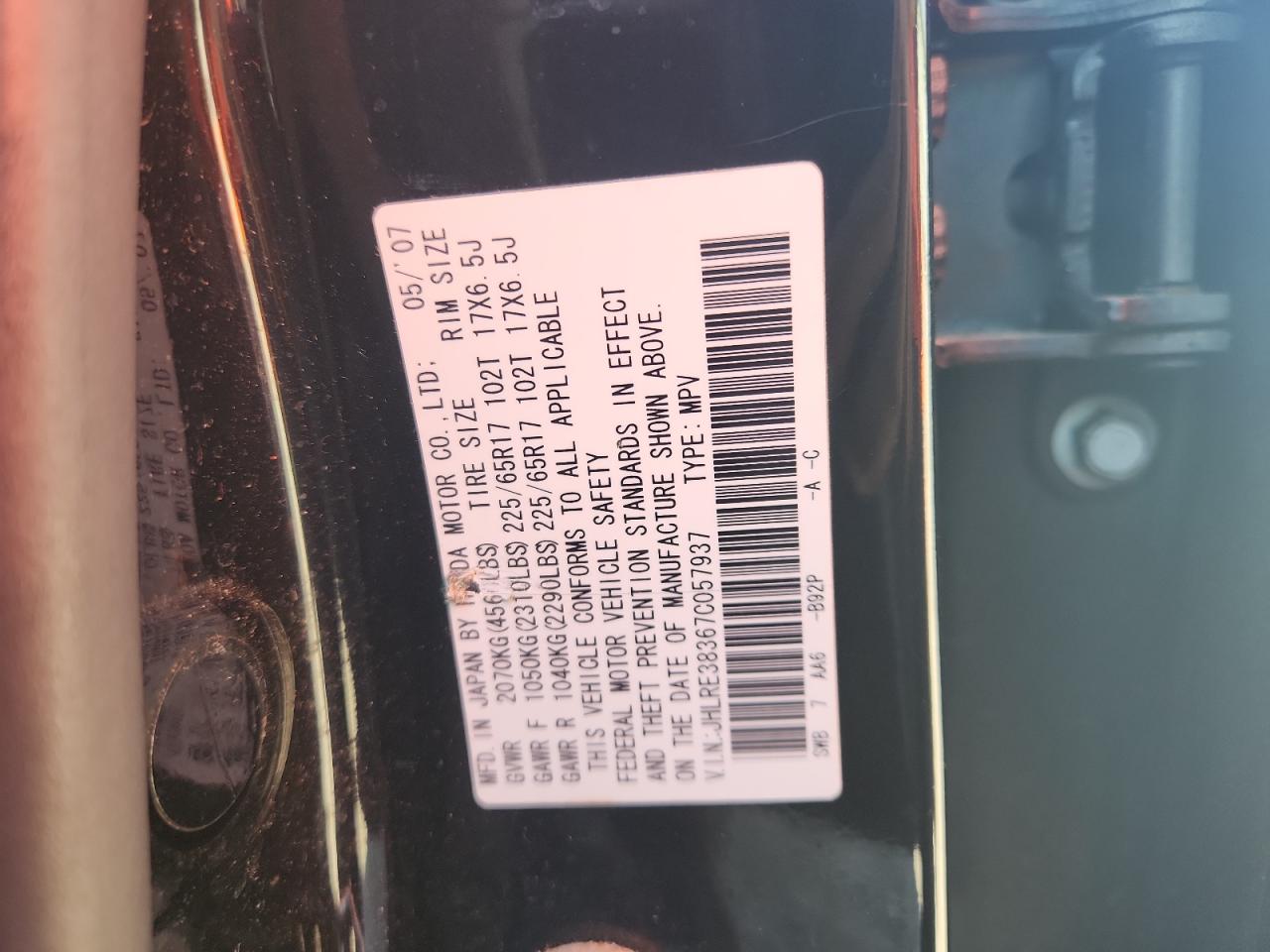 2007 Honda Cr-V Lx VIN: JHLRE38367C057937 Lot: 63143595