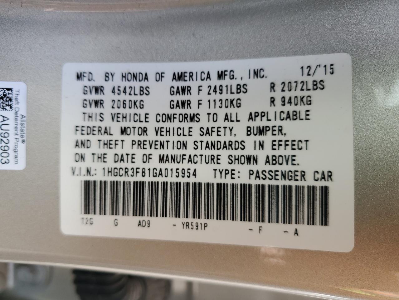 HONDA ACCORD 2016 VIN 1HGCR3F81GA015954 zdjęcie 13