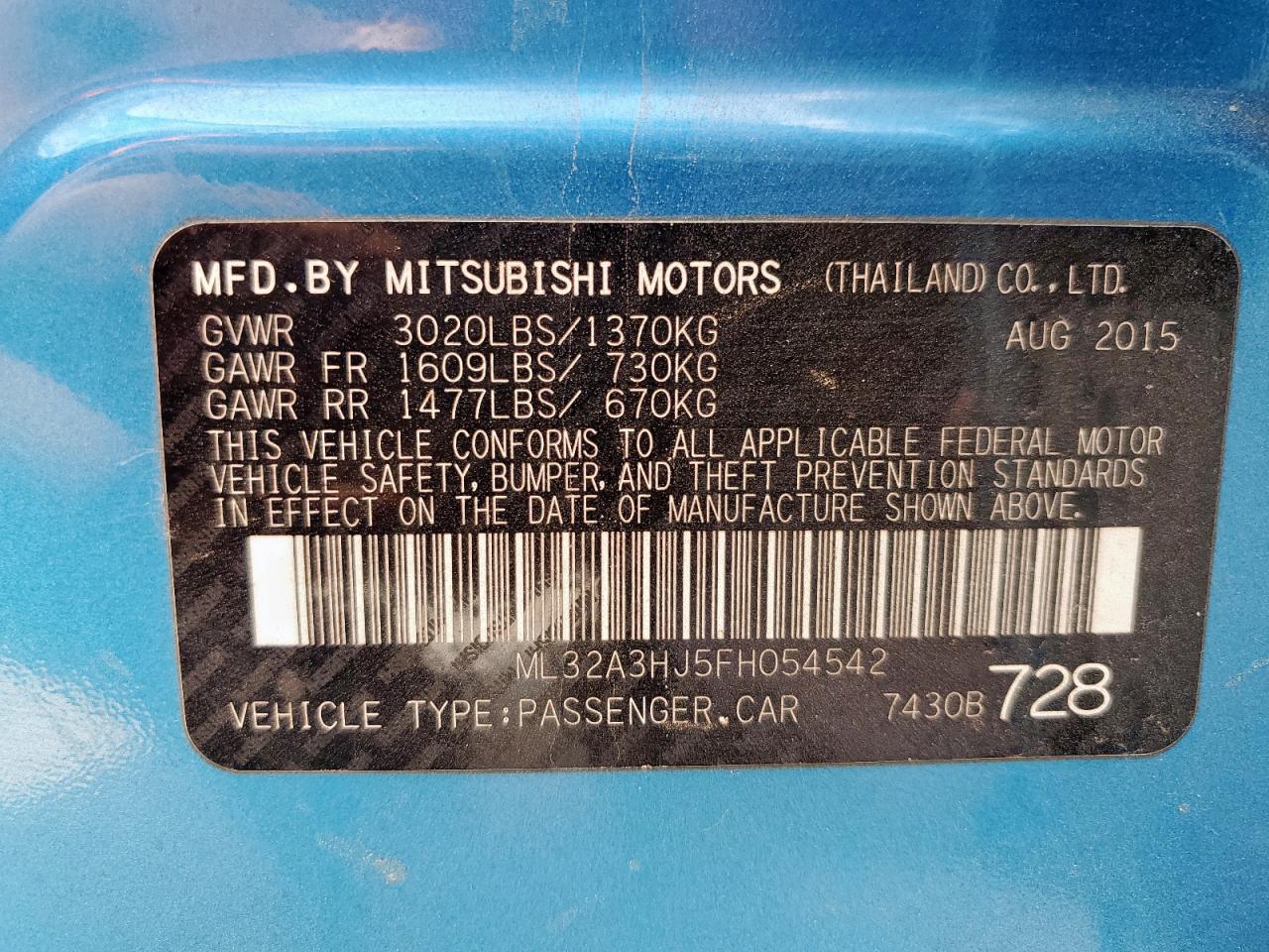 2015 Mitsubishi Mirage De VIN: ML32A3HJ5FH054542 Lot: 62922485