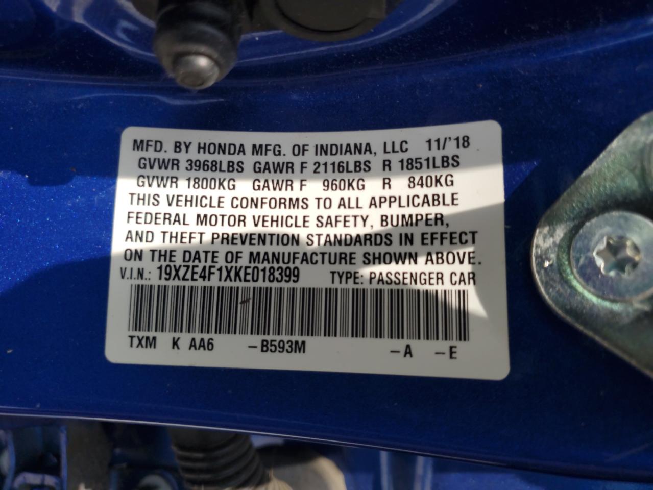 2019 Honda Insight Lx VIN: 19XZE4F1XKE018399 Lot: 59988705