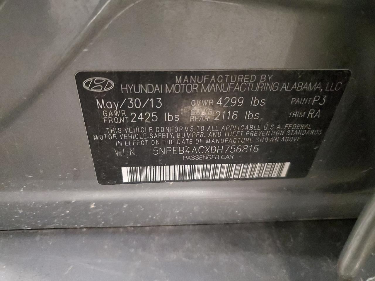 2013 Hyundai Sonata Gls VIN: 5NPEB4ACXDH756816 Lot: 60501125