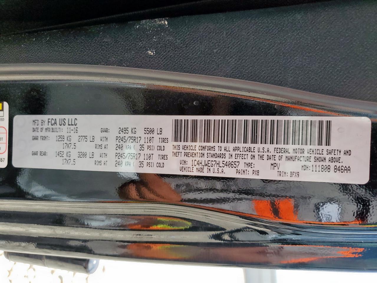 JEEP WRANGLER 2017 VIN 1C4HJWEG7HL540657 zdjęcie 13