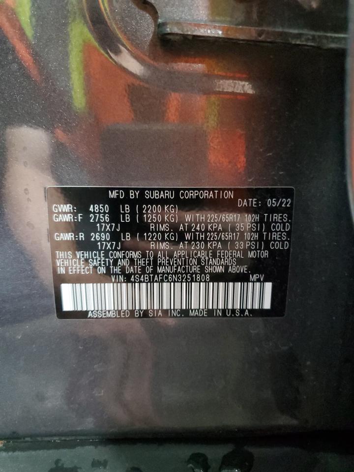 2022 Subaru Outback Premium VIN: 4S4BTAFC6N3251808 Lot: 61209985
