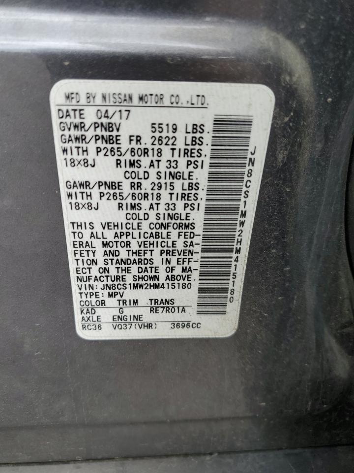 2017 Infiniti Qx70 VIN: JN8CS1MW2HM415180 Lot: 62161645