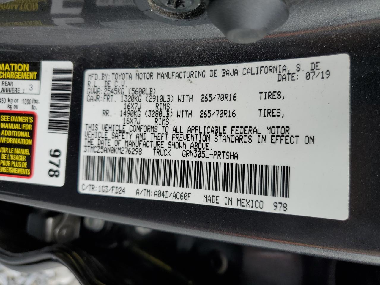 2019 Toyota Tacoma Double Cab VIN: 3TMCZ5AN0KM276298 Lot: 62138315