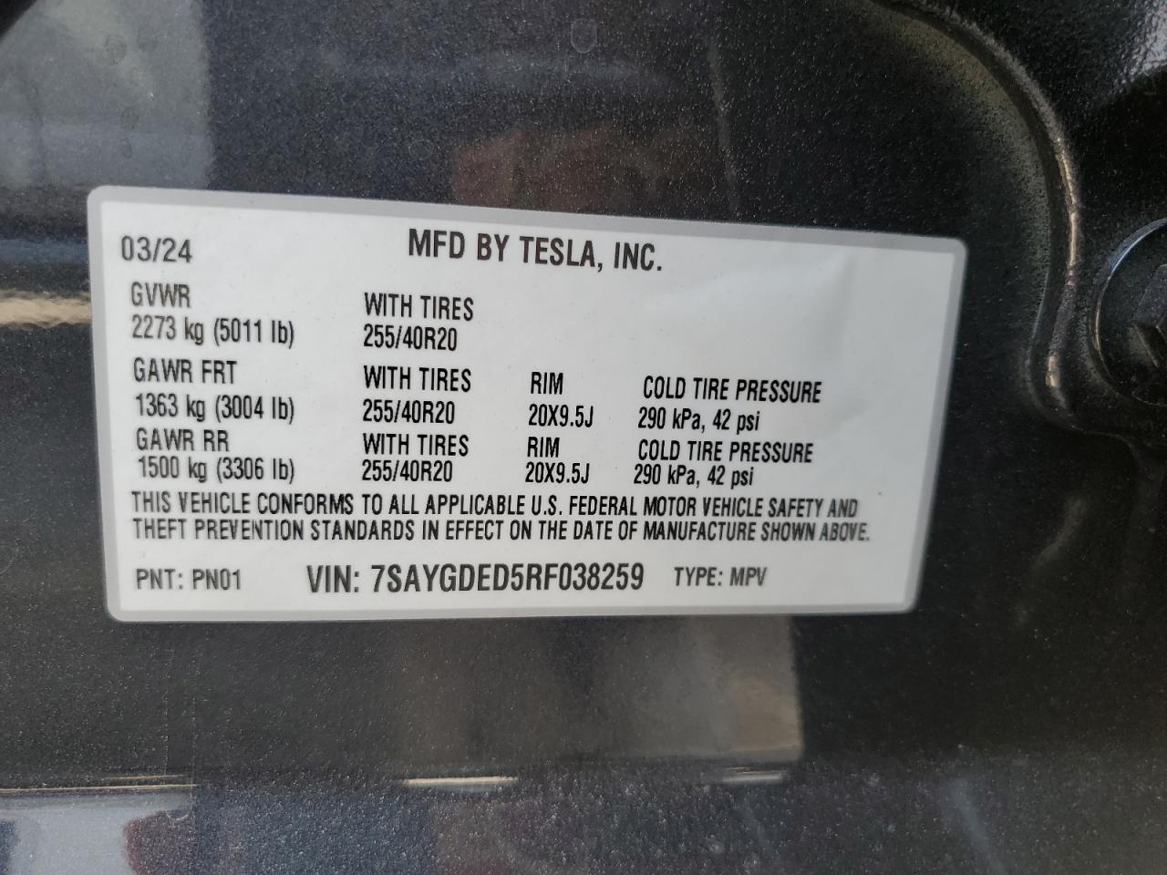2024 Tesla Model Y VIN: 7SAYGDED5RF038259 Lot: 59727645