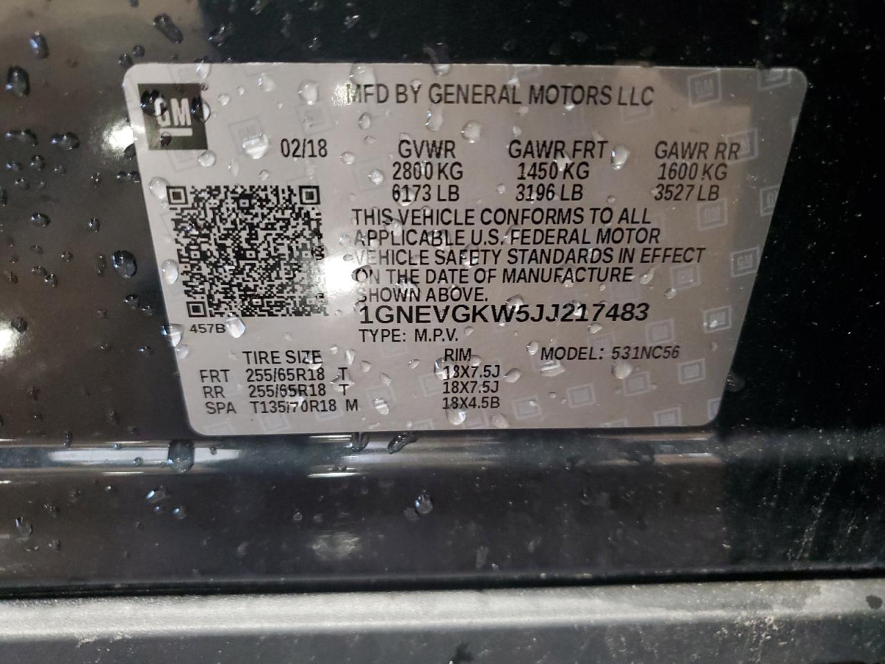 2018 Chevrolet Traverse Lt VIN: 1GNEVGKW5JJ217483 Lot: 59554805