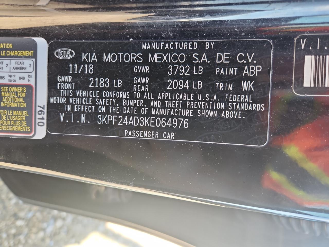 2019 Kia Forte Fe VIN: 3KPF24AD3KE064976 Lot: 62496335