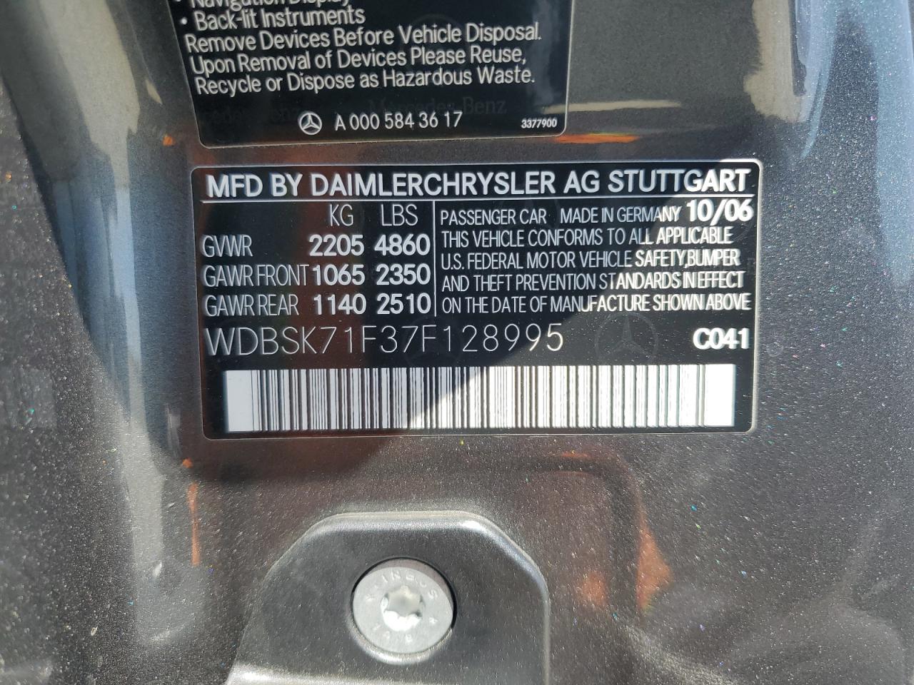 2007 Mercedes-Benz Sl 550 VIN: WDBSK71F37F128995 Lot: 62502195