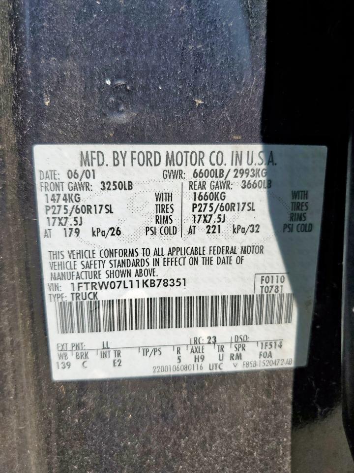 2001 Ford F150 Supercrew VIN: 1FTRW07L11KB78351 Lot: 60943275