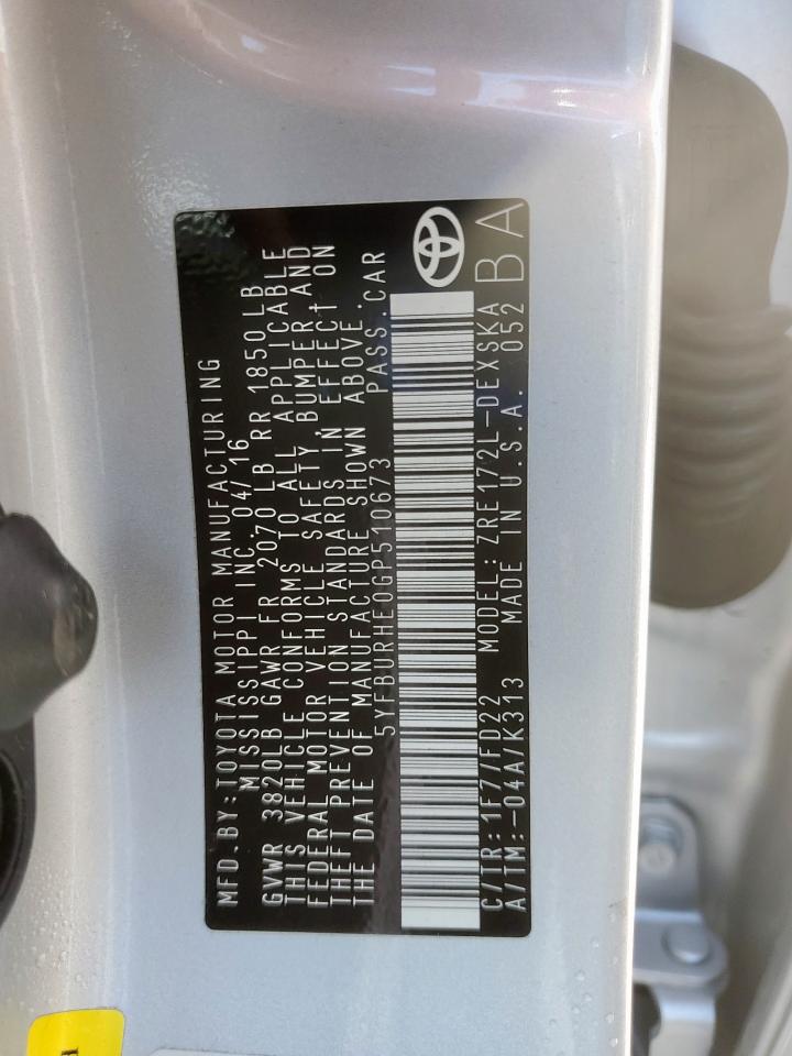 2016 Toyota Corolla L VIN: 5YFBURHE0GP510673 Lot: 62281805