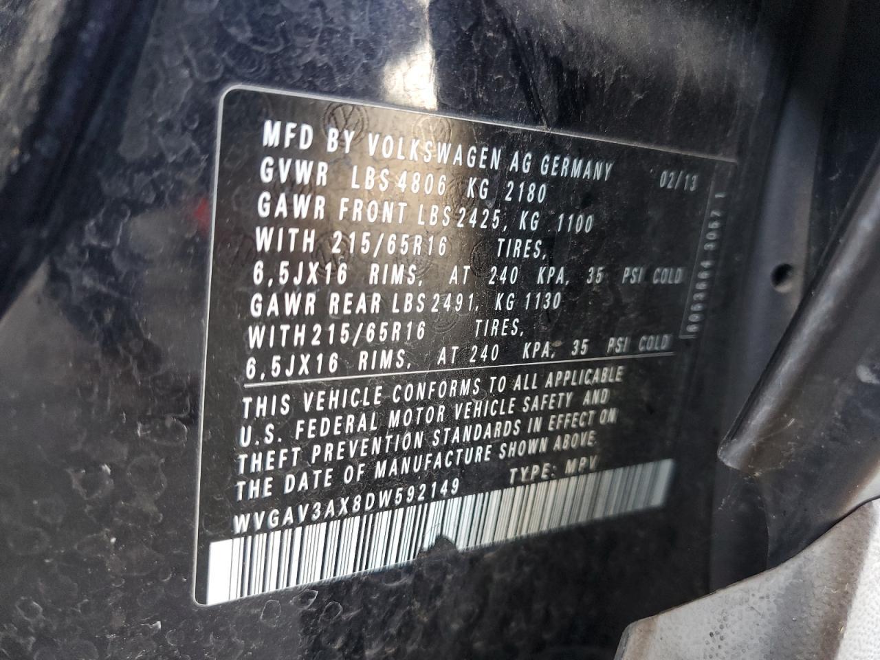 2013 Volkswagen Tiguan S VIN: WVGAV3AX8DW592149 Lot: 62198995