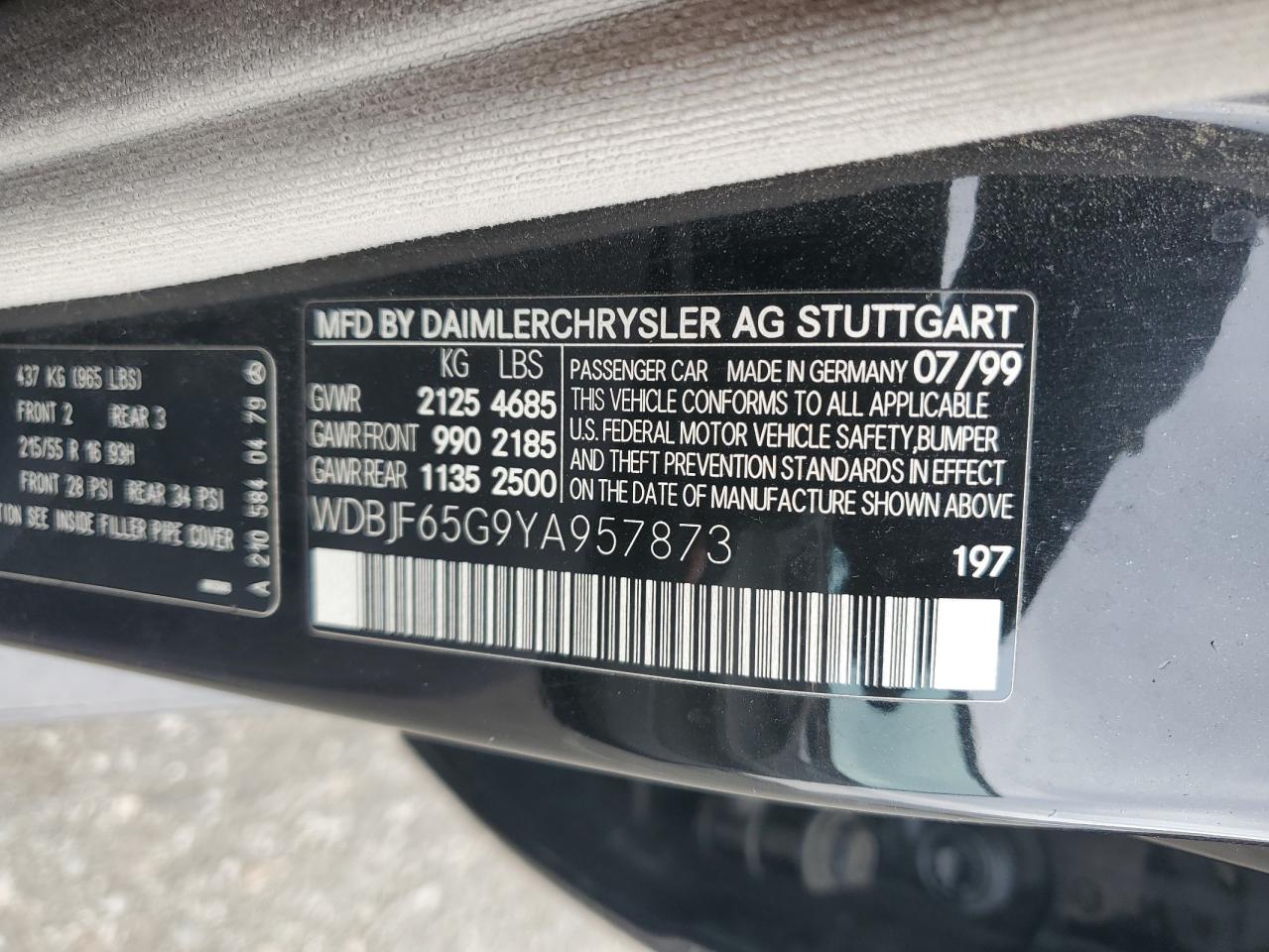 2000 Mercedes-Benz E 320 VIN: WDBJF65G9YA957873 Lot: 61720345