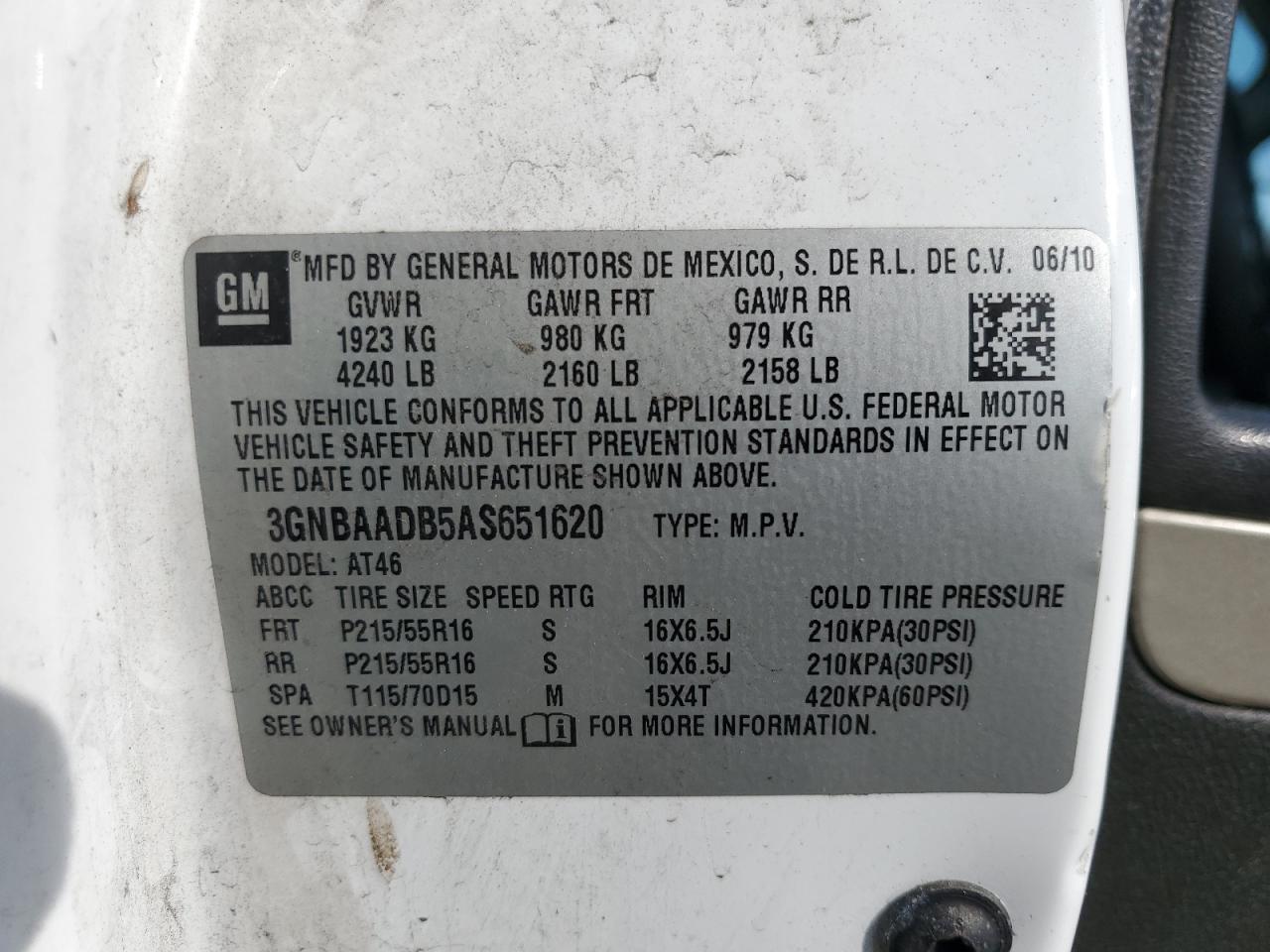 2010 Chevrolet Hhr Ls VIN: 3GNBAADB5AS651620 Lot: 62774555