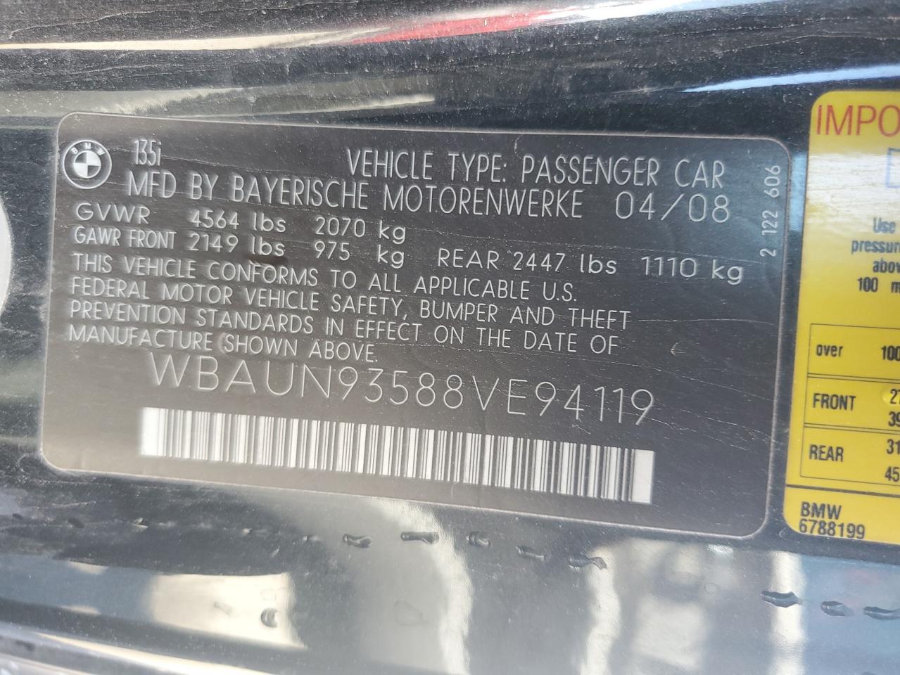 2008 BMW 135 I VIN: WBAUN93588VE94119 Lot: 60331995