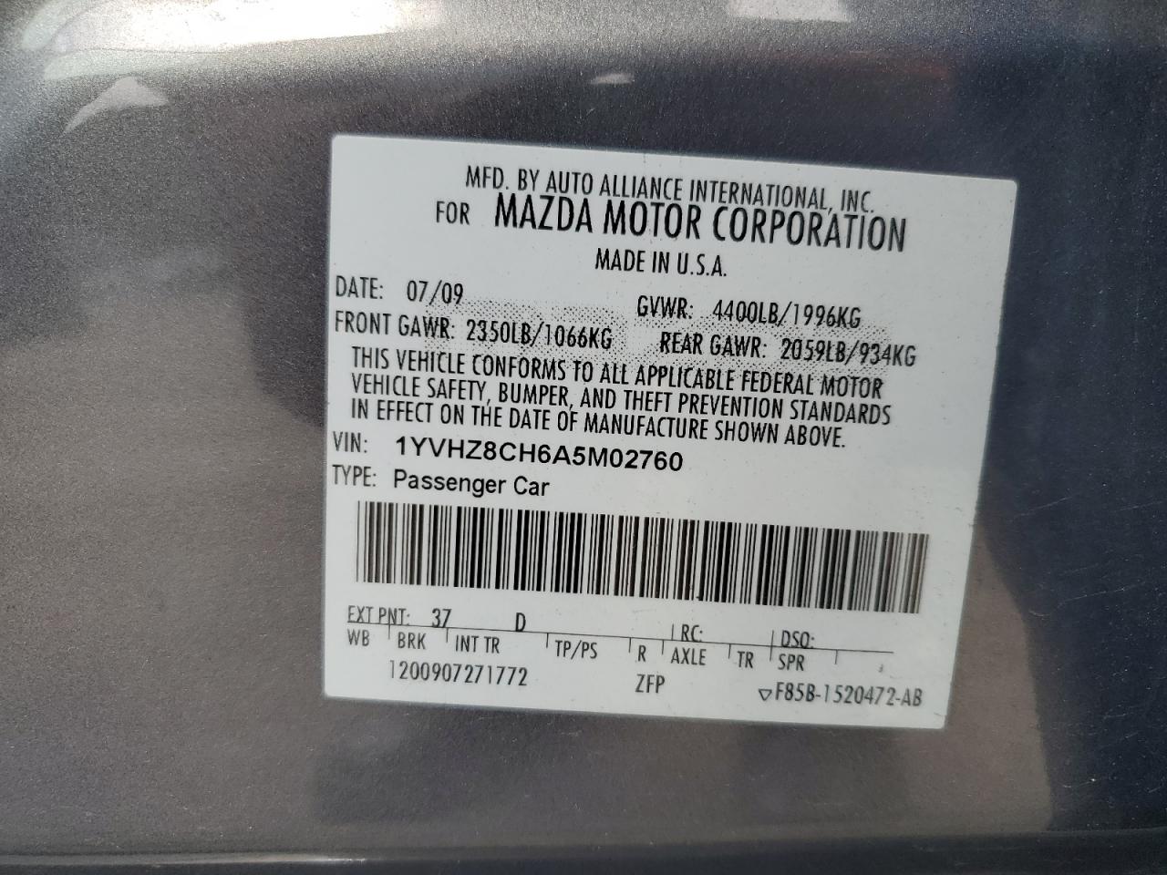 2010 Mazda 6 I VIN: 1YVHZ8CH6A5M02760 Lot: 62843695