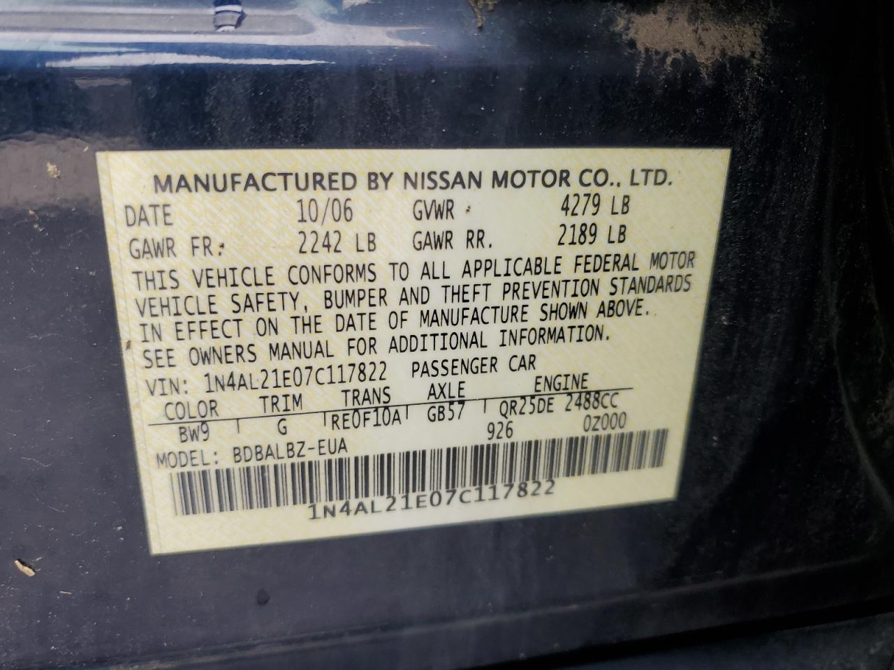2007 Nissan Altima 2.5 VIN: 1N4AL21E07C117822 Lot: 59291115