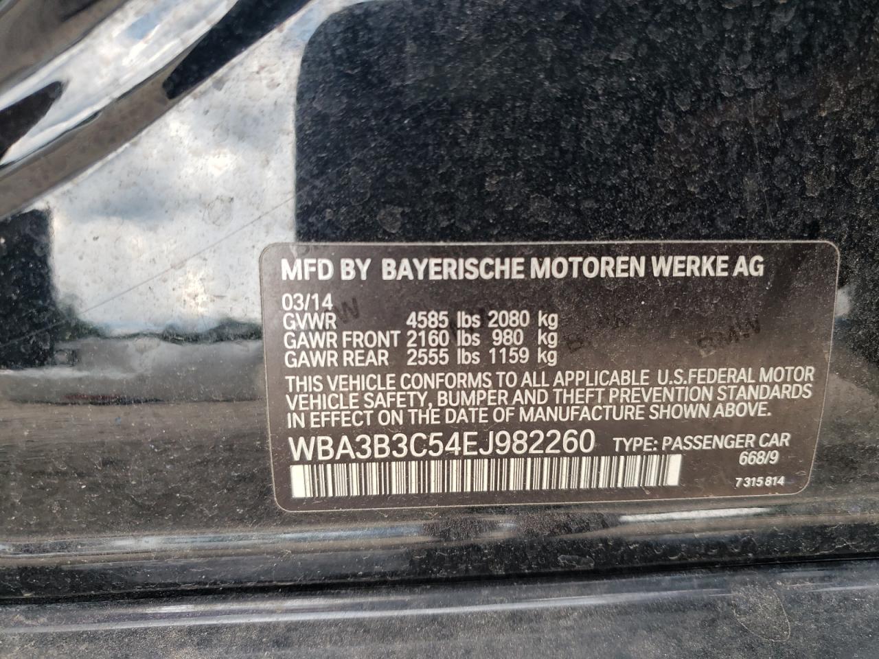 2014 BMW 328 Xi VIN: WBA3B3C54EJ982260 Lot: 63066595