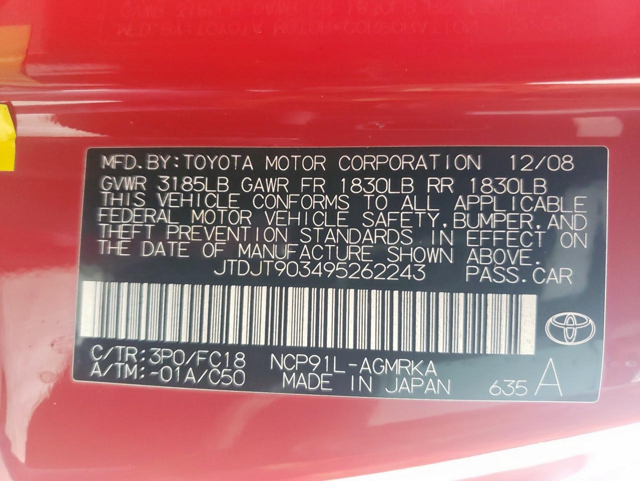 2009 Toyota Yaris VIN: JTDJT903495262243 Lot: 58841975