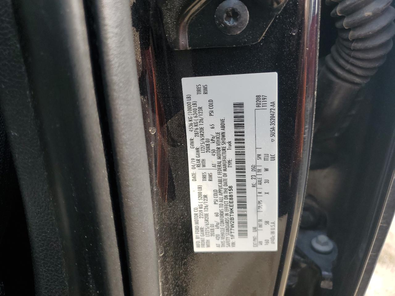 2019 Ford F250 Super Duty VIN: 1FT7W2BT9KEE88158 Lot: 60782215