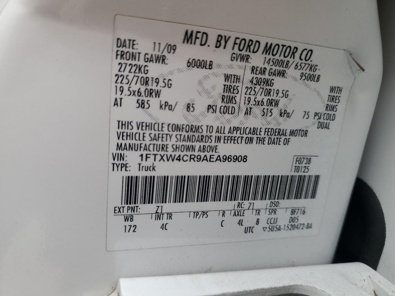 2010 Ford F450 Super Duty VIN: 1FTXW4CR9AEA96908 Lot: 60075265