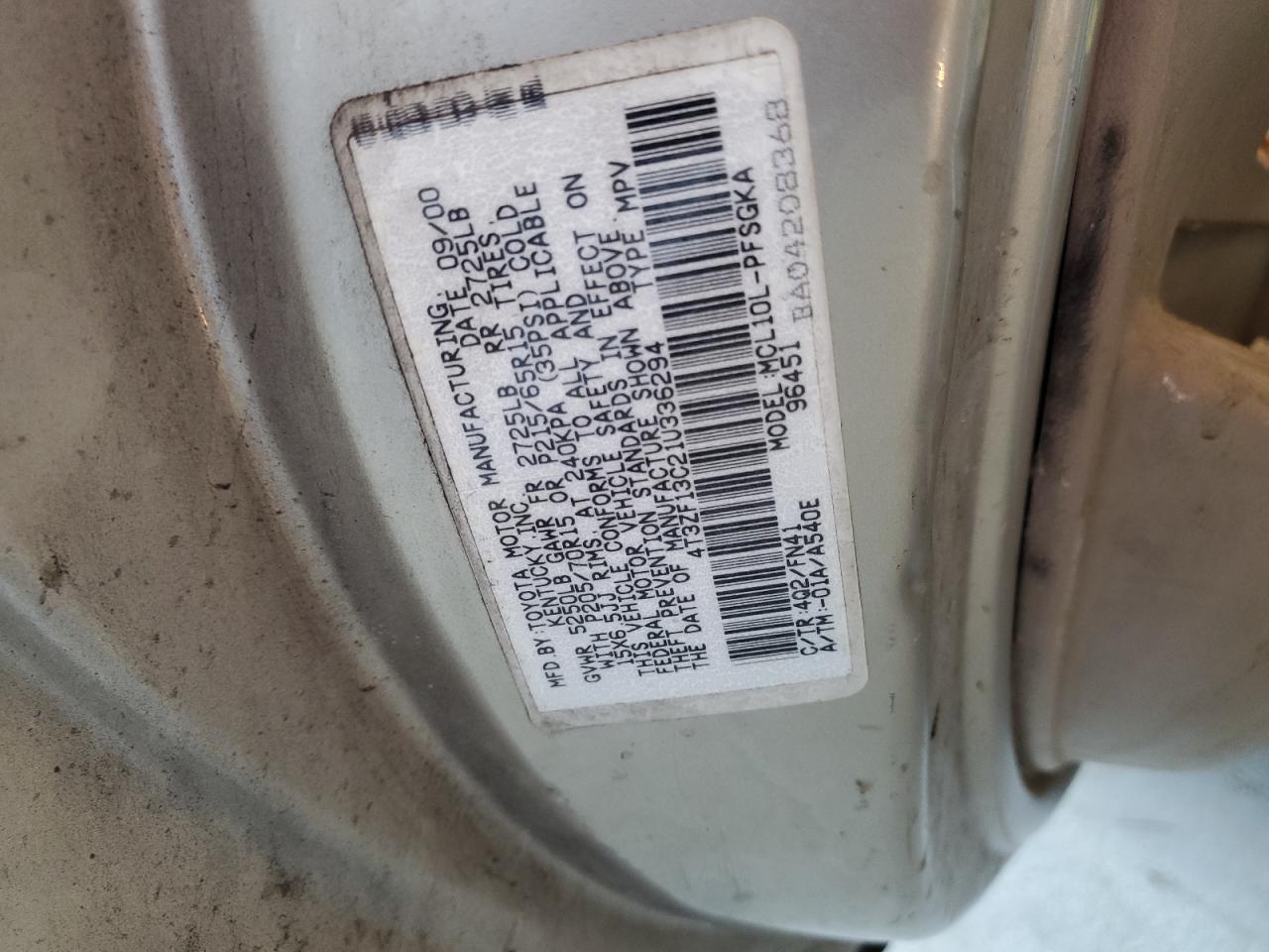2001 Toyota Sienna Le VIN: 4T3ZF13C21U336294 Lot: 62144945