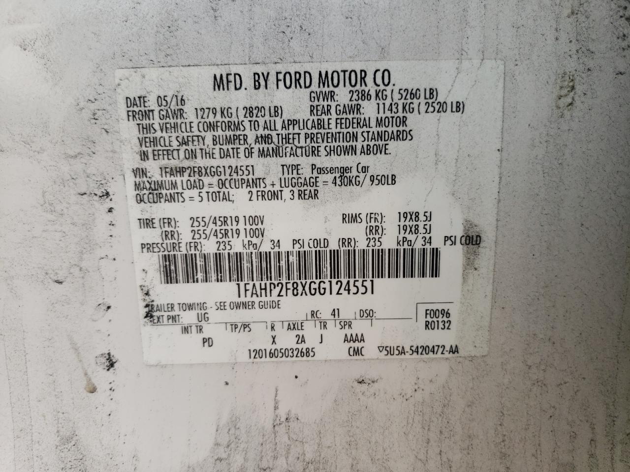 1FAHP2F8XGG124551 FORD TAURUS 2016