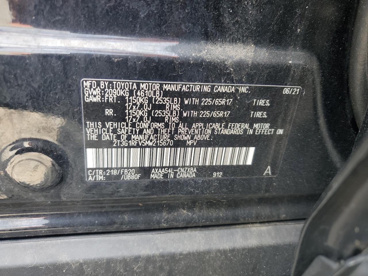 2021 Toyota Rav4 Le VIN: 2T3G1RFV5MW215670 Lot: 62891905