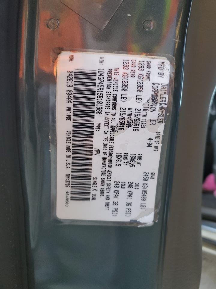 2005 Dodge Caravan Sxt VIN: 1D4GP45R15B181360 Lot: 61221005