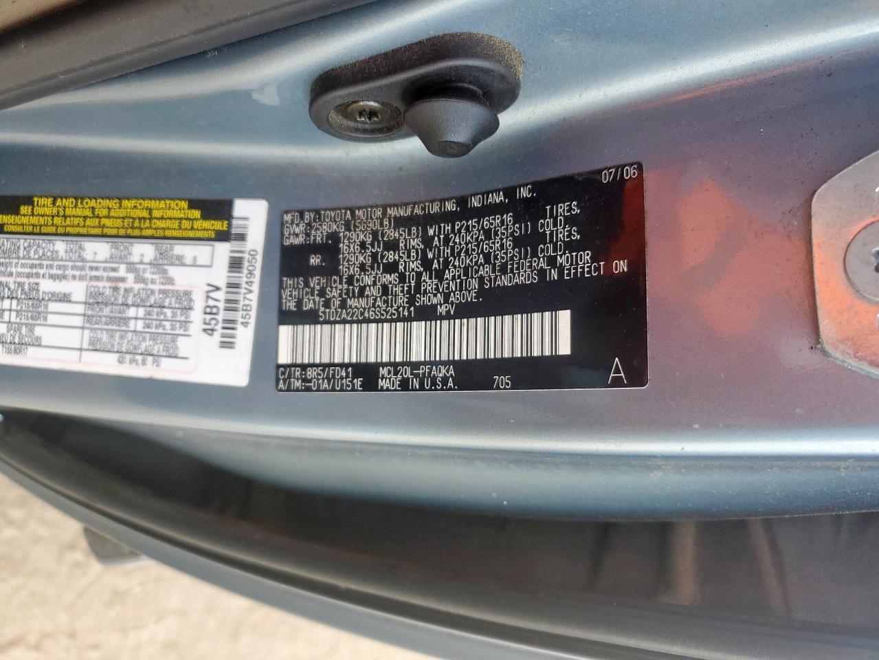 2006 Toyota Sienna Xle VIN: 5TDZA22C46S525141 Lot: 62036615