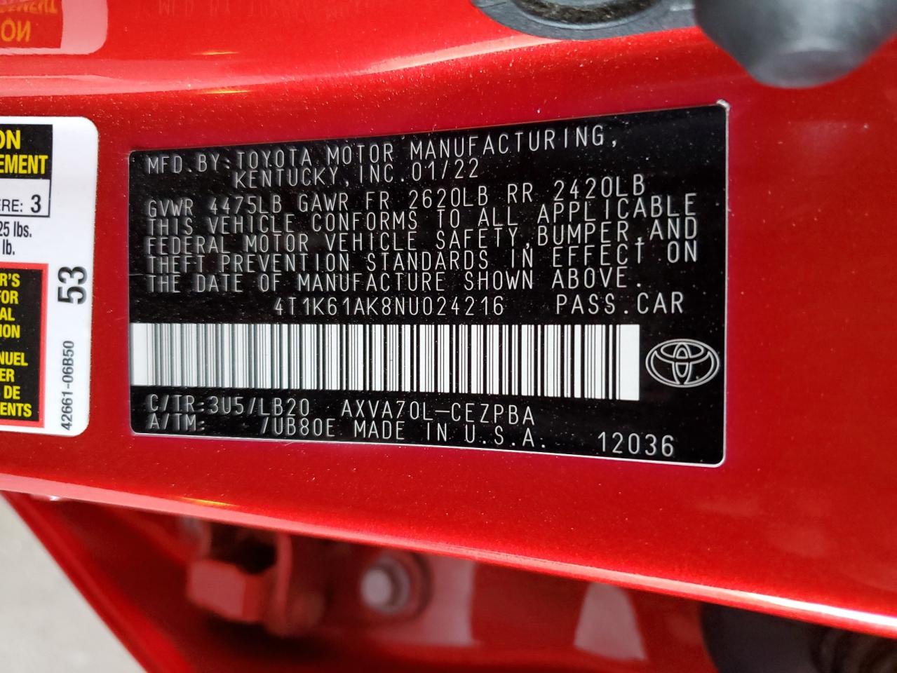 2022 Toyota Camry Xse VIN: 4T1K61AK8NU024216 Lot: 63042185