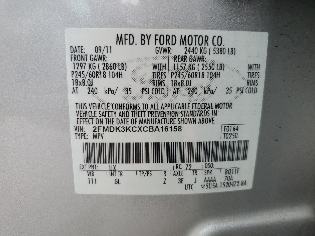 2012 Ford Edge Limited VIN: 2FMDK3KCXCBA16158 Lot: 59442135