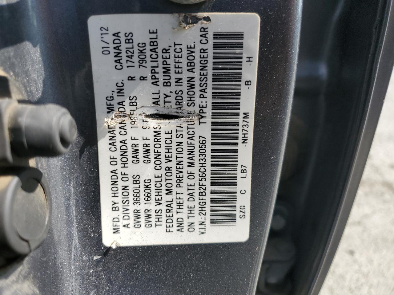 2012 Honda Civic Lx VIN: 2HGFB2F56CH330567 Lot: 59660245