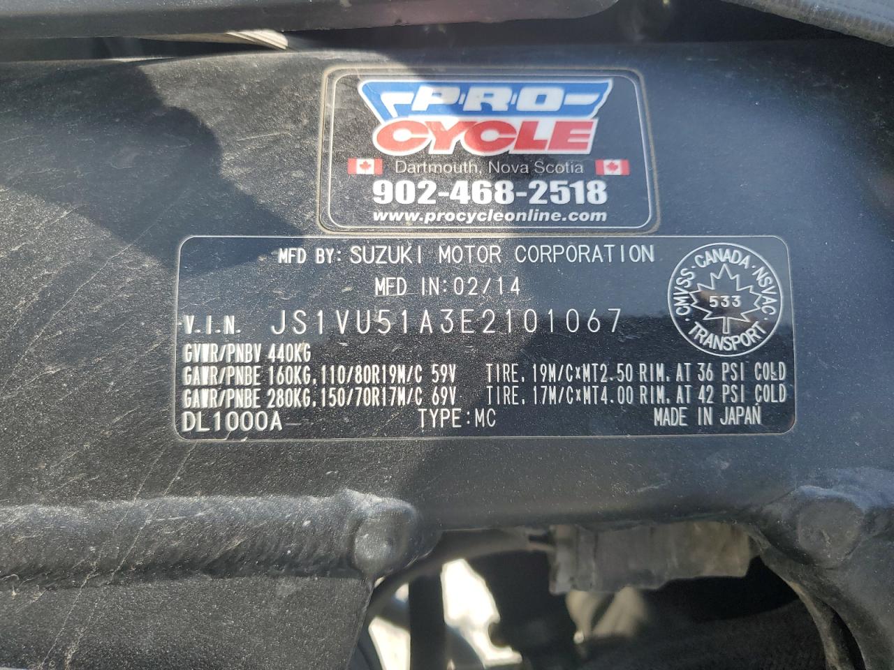 2014 Suzuki Dl1000 VIN: JS1VU51A3E2101067 Lot: 61130145