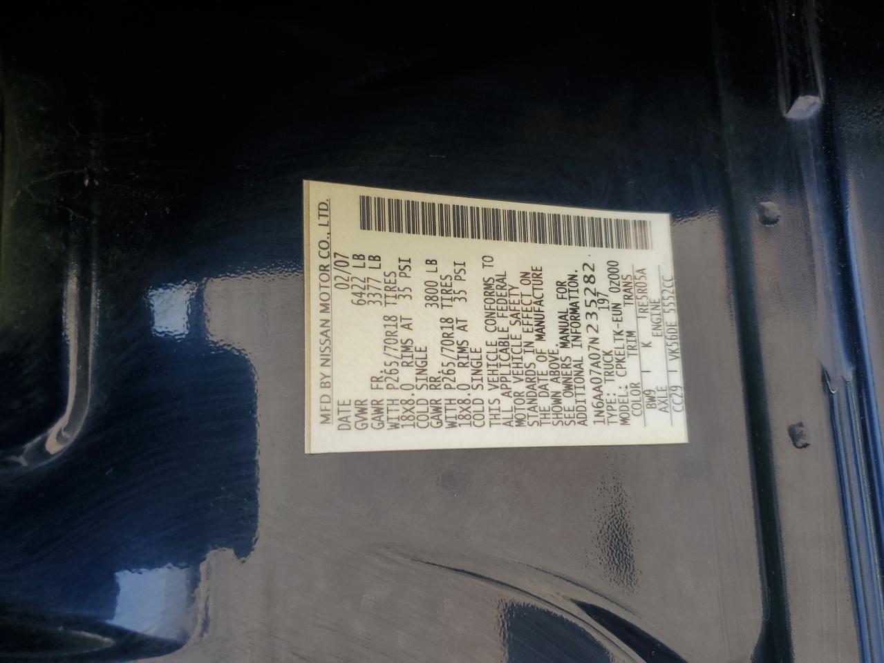 NISSAN TITAN 2007 VIN 1N6AA07A07N235282 photo 12