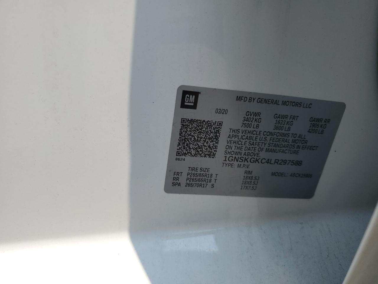 2020 Chevrolet Suburban K1500 Ls VIN: 1GNSKGKC4LR297588 Lot: 59858425