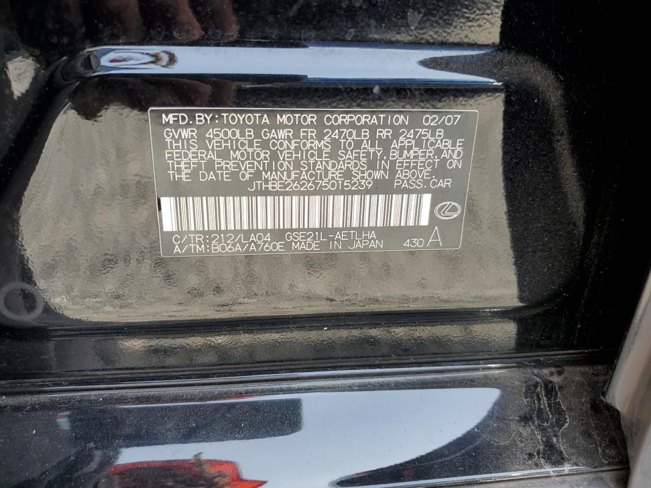 2007 Lexus Is 350 VIN: JTHBE262675015239 Lot: 62535185