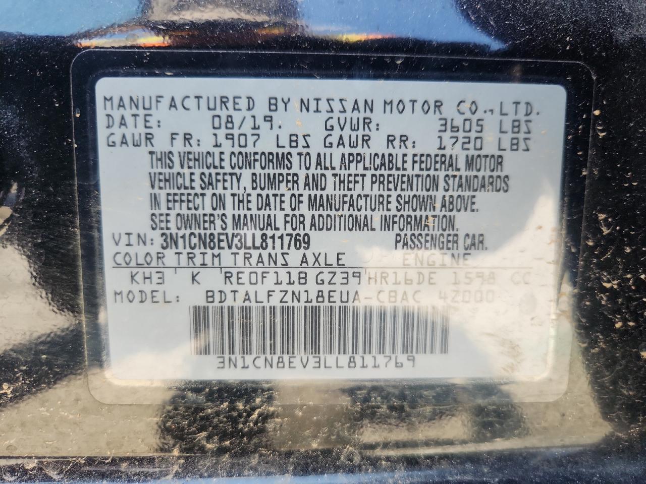 2020 Nissan Versa Sv VIN: 3N1CN8EV3LL811769 Lot: 62277415
