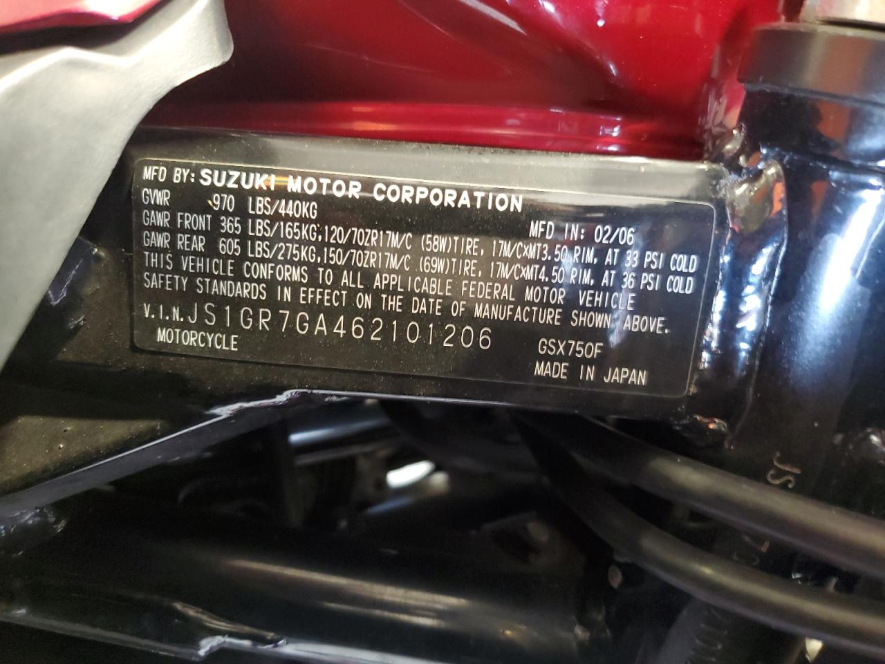 2006 Suzuki Gsx750 F VIN: JS1GR7GA462101206 Lot: 62064945