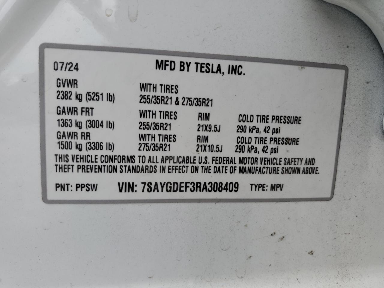 2024 Tesla Model Y VIN: 7SAYGDEF3RA308409 Lot: 62237375