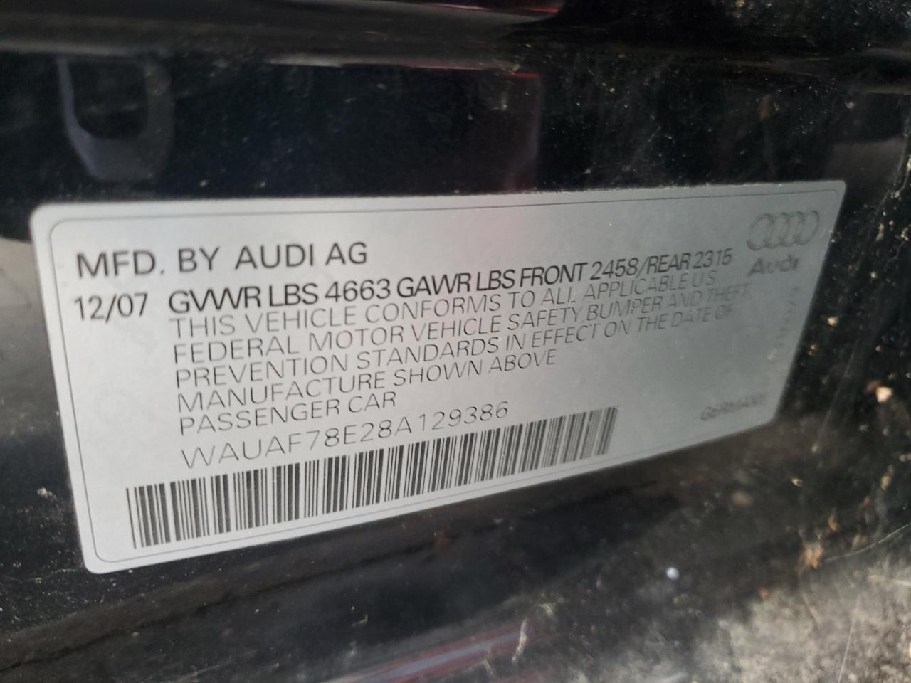 2008 Audi A4 2.0T VIN: WAUAF78E28A129386 Lot: 61977755