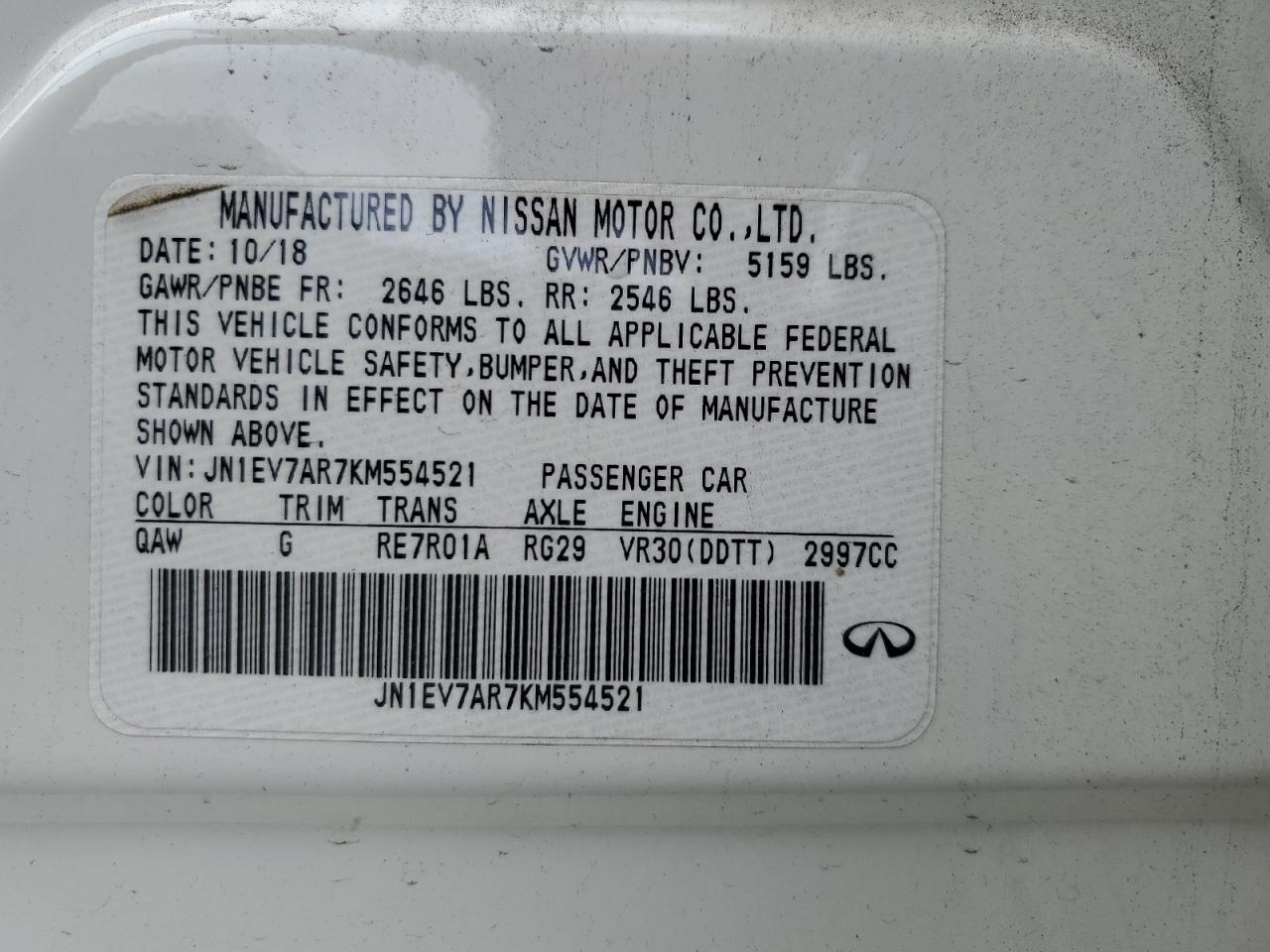 2019 Infiniti Q50 Luxe VIN: JN1EV7AR7KM554521 Lot: 59442765
