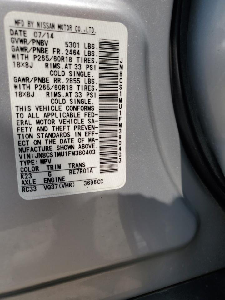 2015 Infiniti Qx70 VIN: JN8CS1MU1FM380403 Lot: 61226805
